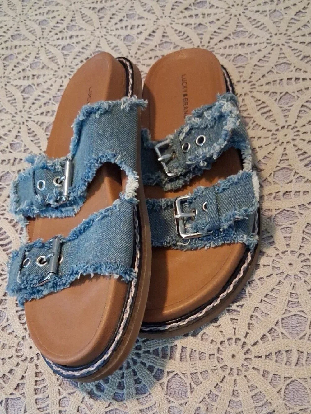 Lucky Brand Kids Frayed Denim Double-Buckle Slide Sandals - Blue